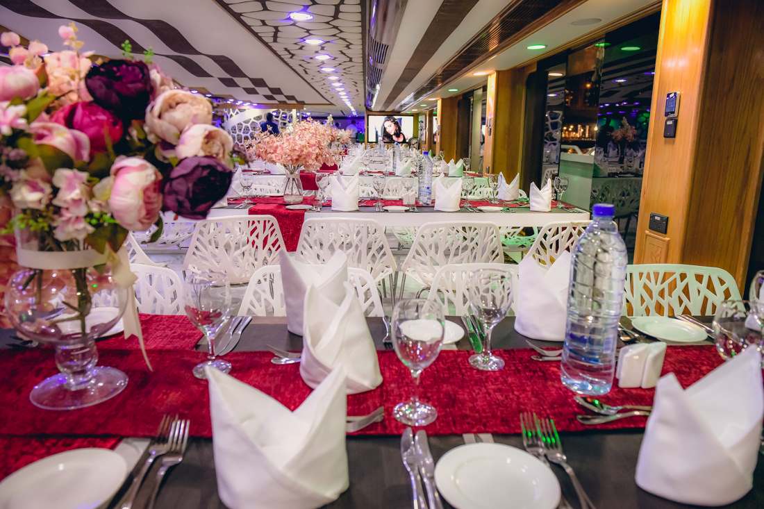 Elegant main deck view on the Lotus Mega Yacht dinner cruise
