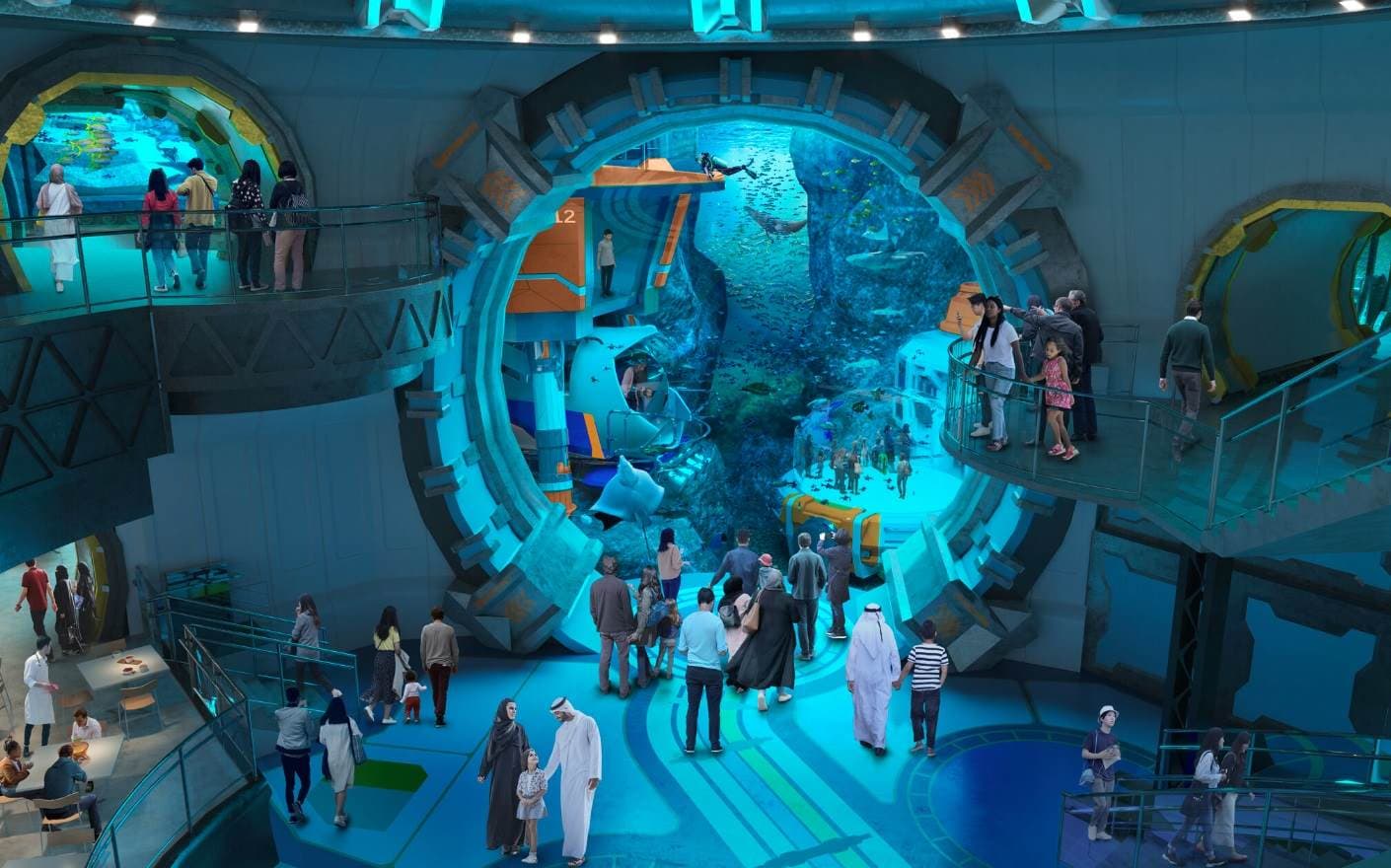 Aquarium at Dubai Mall showcasing marine life, part of SeaWorld Abu Dhabi - One Ocean exhibit.