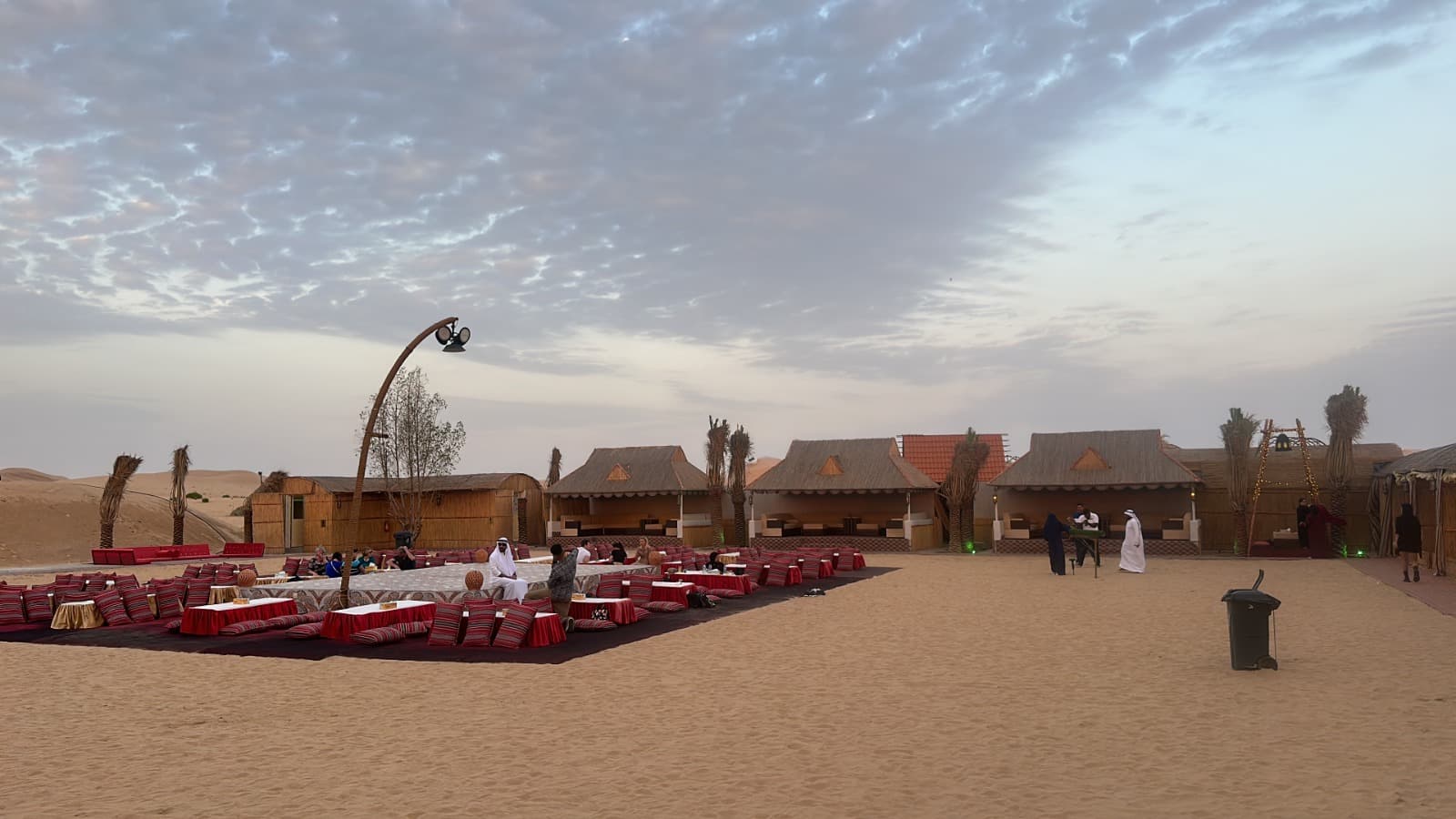 Interior view of the private desert safari camp in Dubai showing luxury seating and traditional decor.