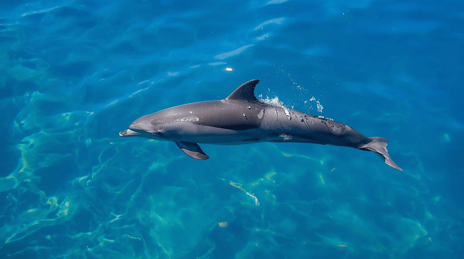 A dolphin gracefully swimming in the clear blue ocean waters.