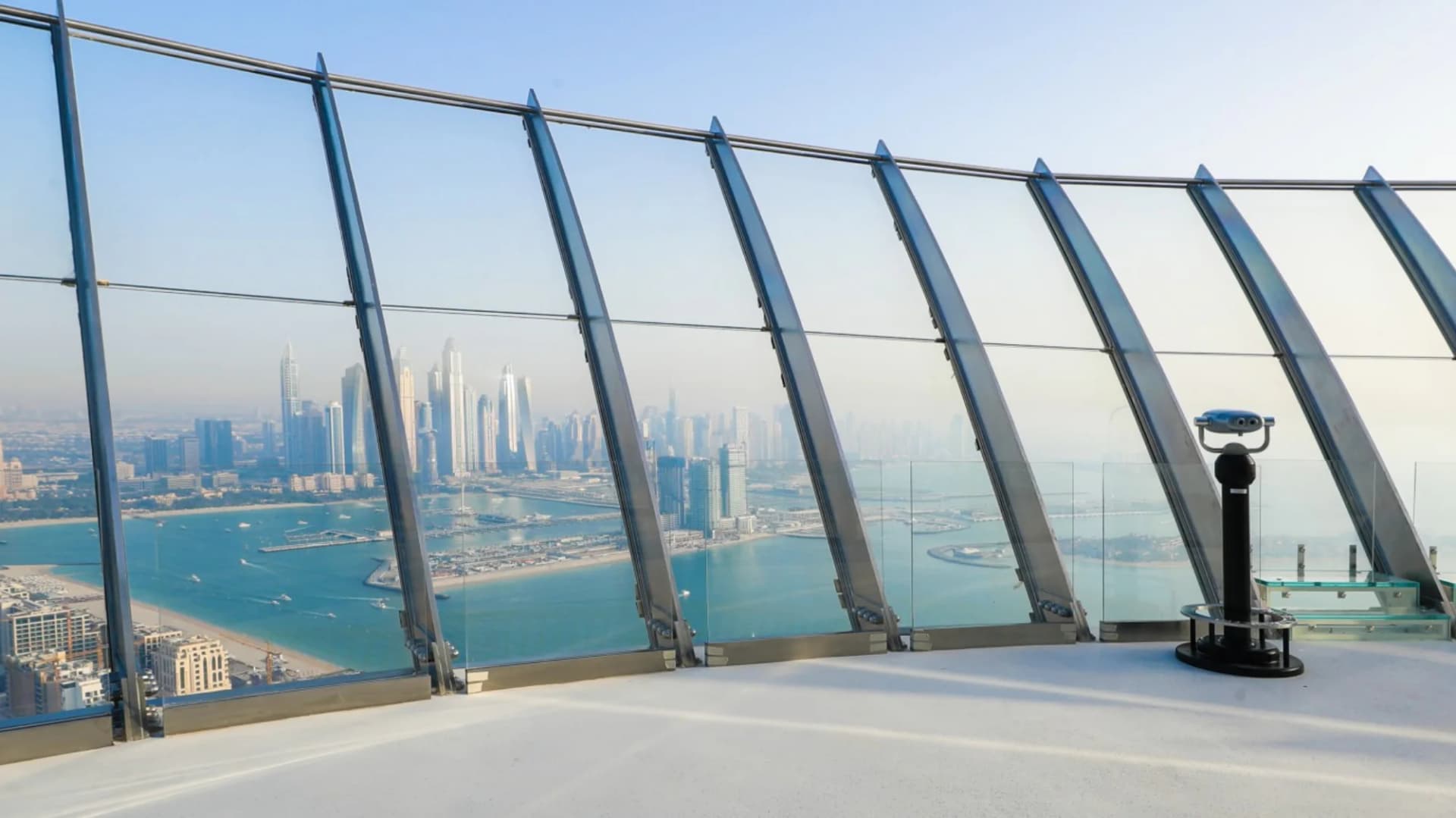 Entrance area providing access to the observation deck at The View at The Palm with visitors heading inside.