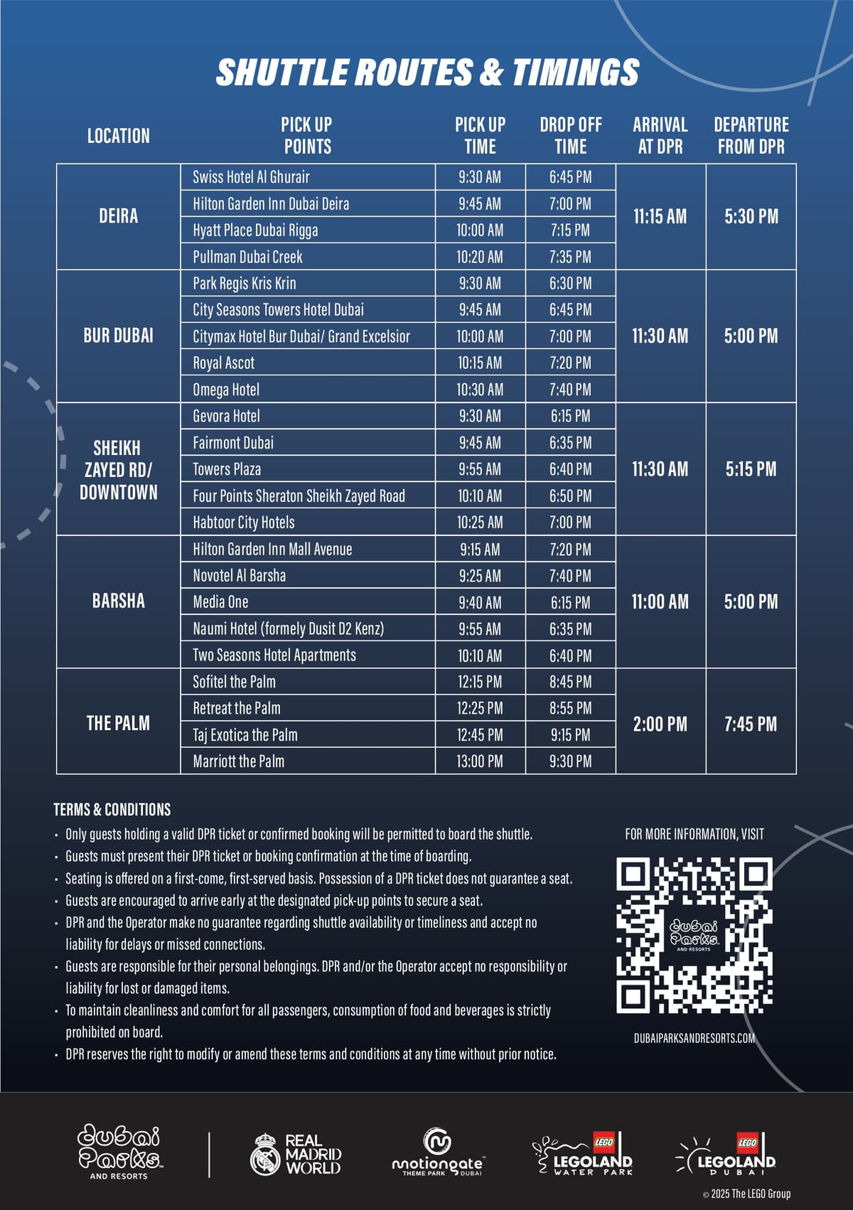 Free shuttle bus schedule board for Motiongate Dubai showing pickup times and routes for visitors