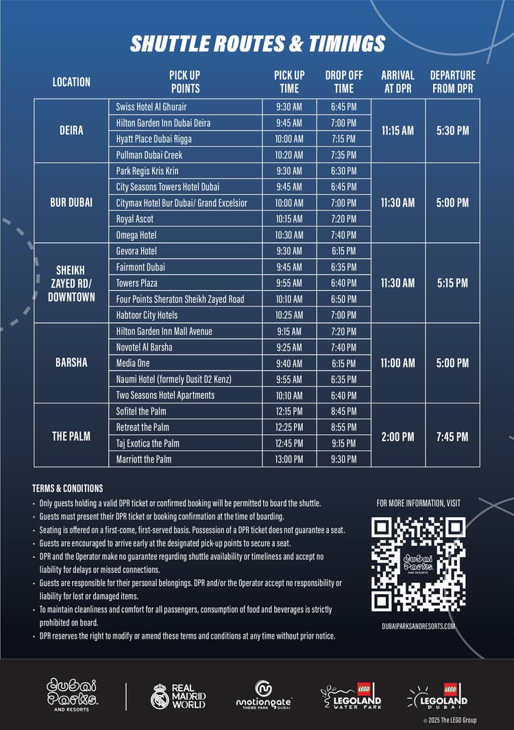 Free shuttle bus schedule board for Motiongate Dubai showing pickup times and routes for visitors