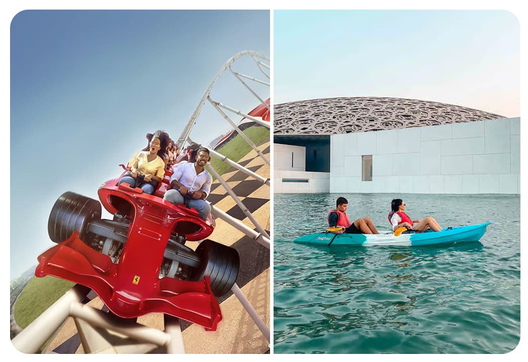 Two images: one of people enjoying a boat ride and another of thrill-seekers on a roller coaster.