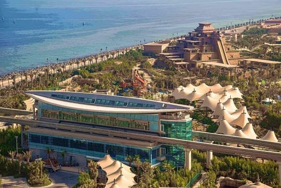 Palm Monorail arriving at Atlantis Station near Atlantis The Palm on Palm Jumeirah