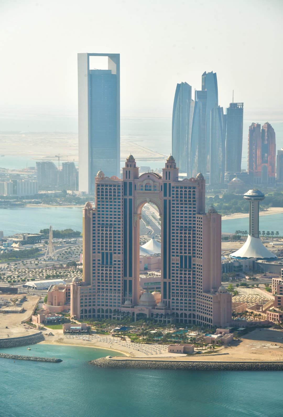 Hotel viewed from a helicopter during an aerial tour, showcasing its iconic architecture.