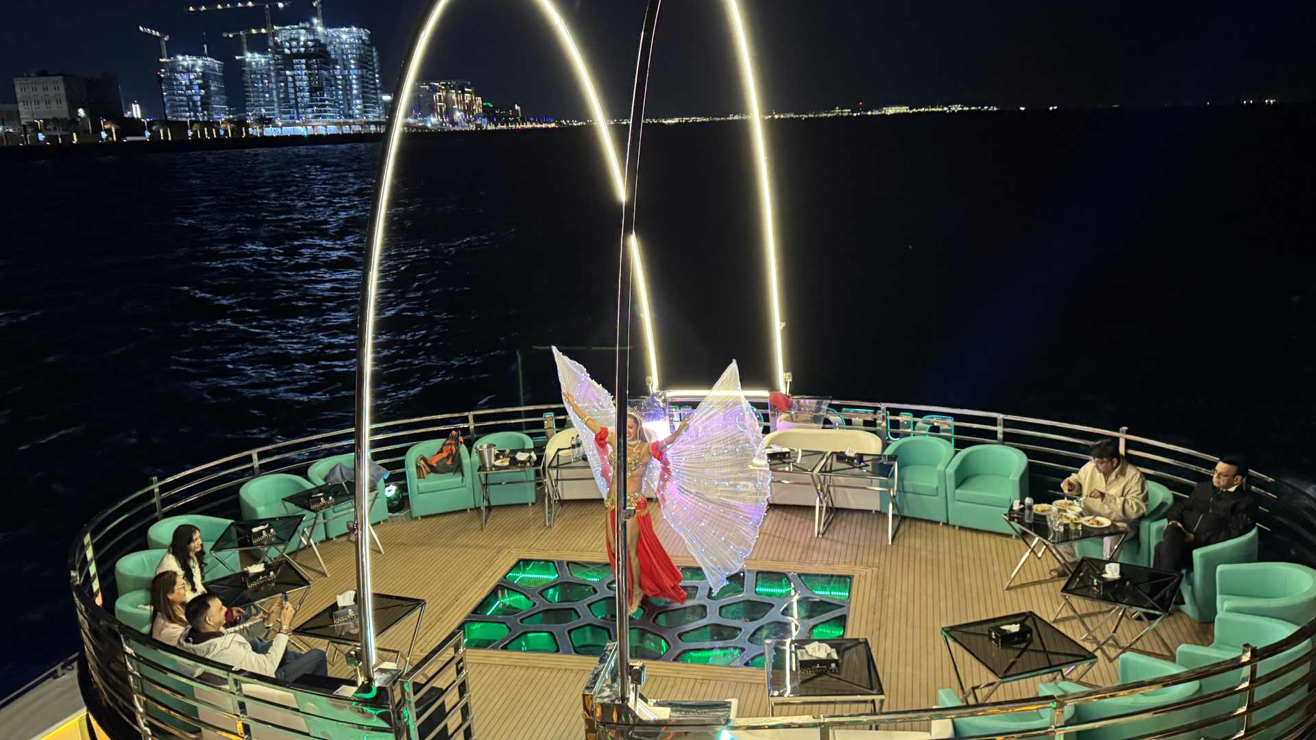 Royal Deck lounge area on the Lotus Royale dinner cruise in Dubai Marina