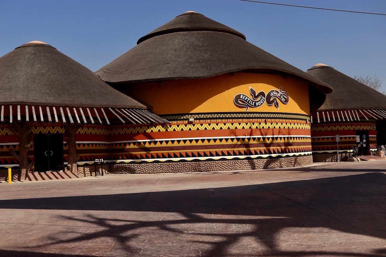 Interior view of the Reptile House at Dubai Safari Park featuring snake and reptile exhibits.