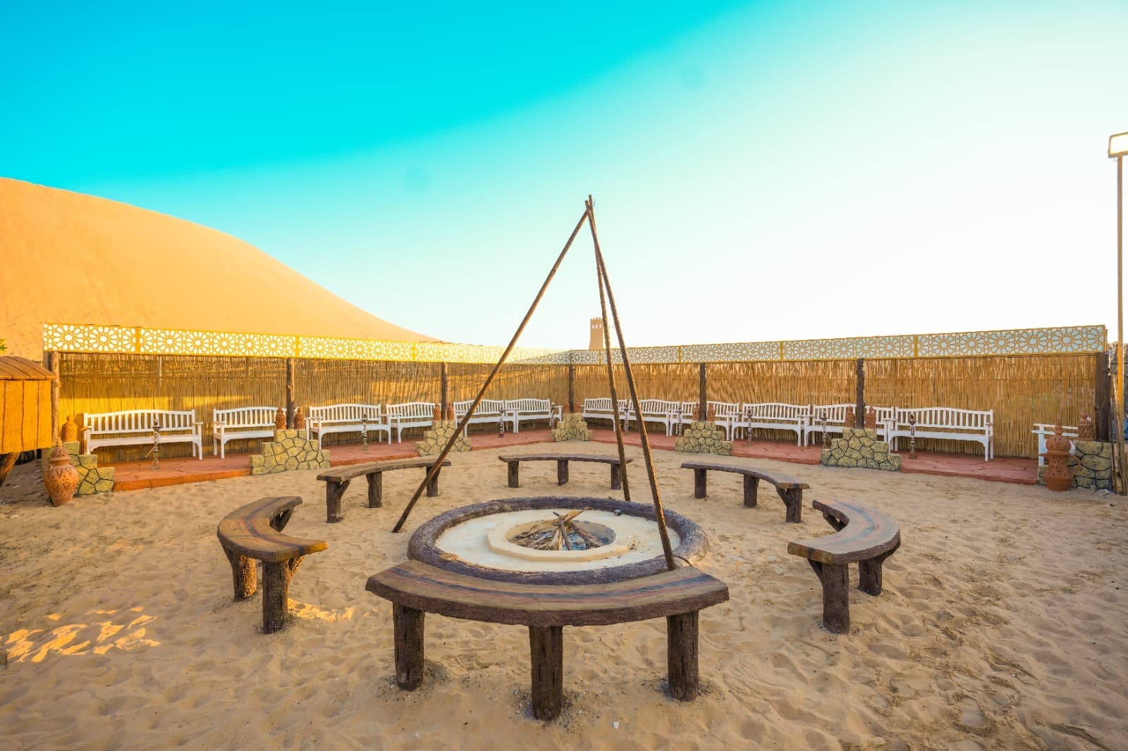 Buffet setup with traditional Arabic and international dishes at the desert camp during the Abu Dhabi Desert Safari.