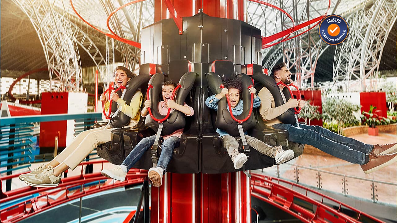 Group of visitors enjoying exciting rides and attractions at a theme park