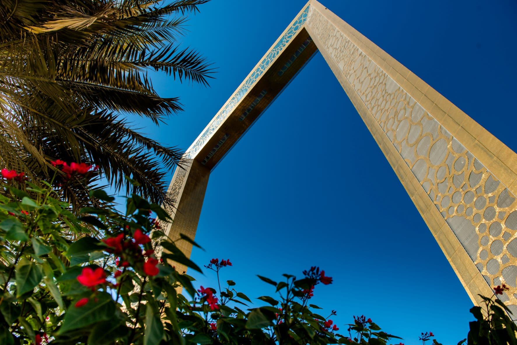 Clear daytime view from the Dubai Frame, capturing panoramic scenes of old and new Dubai.