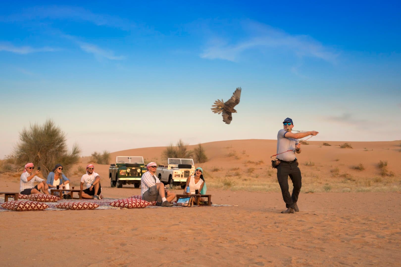 Experienced falconer displaying a trained falcon during the Heritage Desert Safari in Dubai