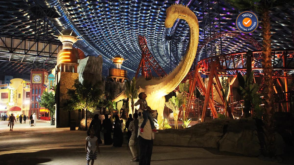 Animal-themed display at IMG Worlds of Adventure featuring dinosaur and wildlife figures in a themed attraction area.