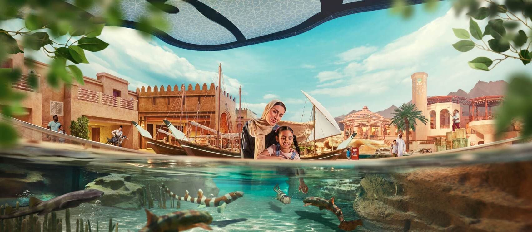 A woman and a child enjoy a fun day at a water park in SeaWorld Abu Dhabi.