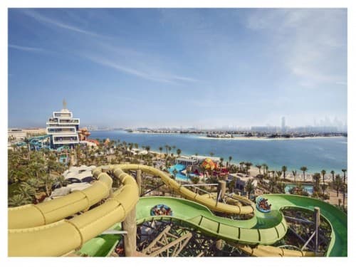 A vibrant water park at Atlantis Dubai featuring various water slides and attractions, including a Dolphin Meet and Greet.