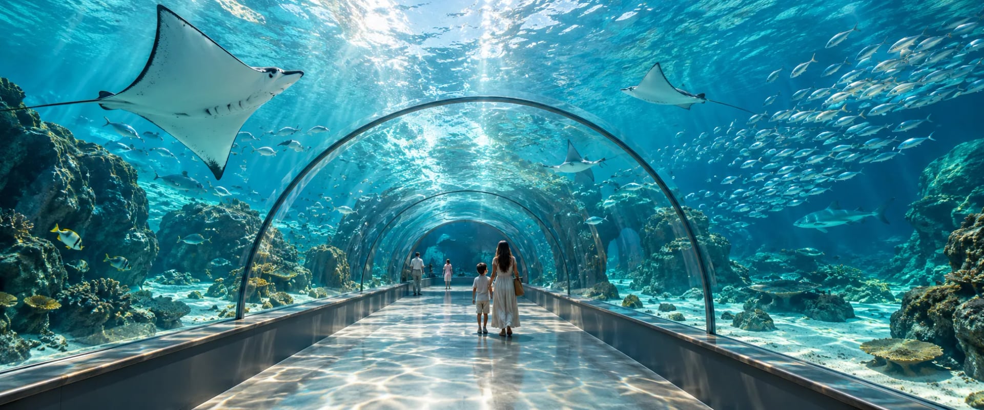Visitors in an aquarium tunnel surrounded by fish