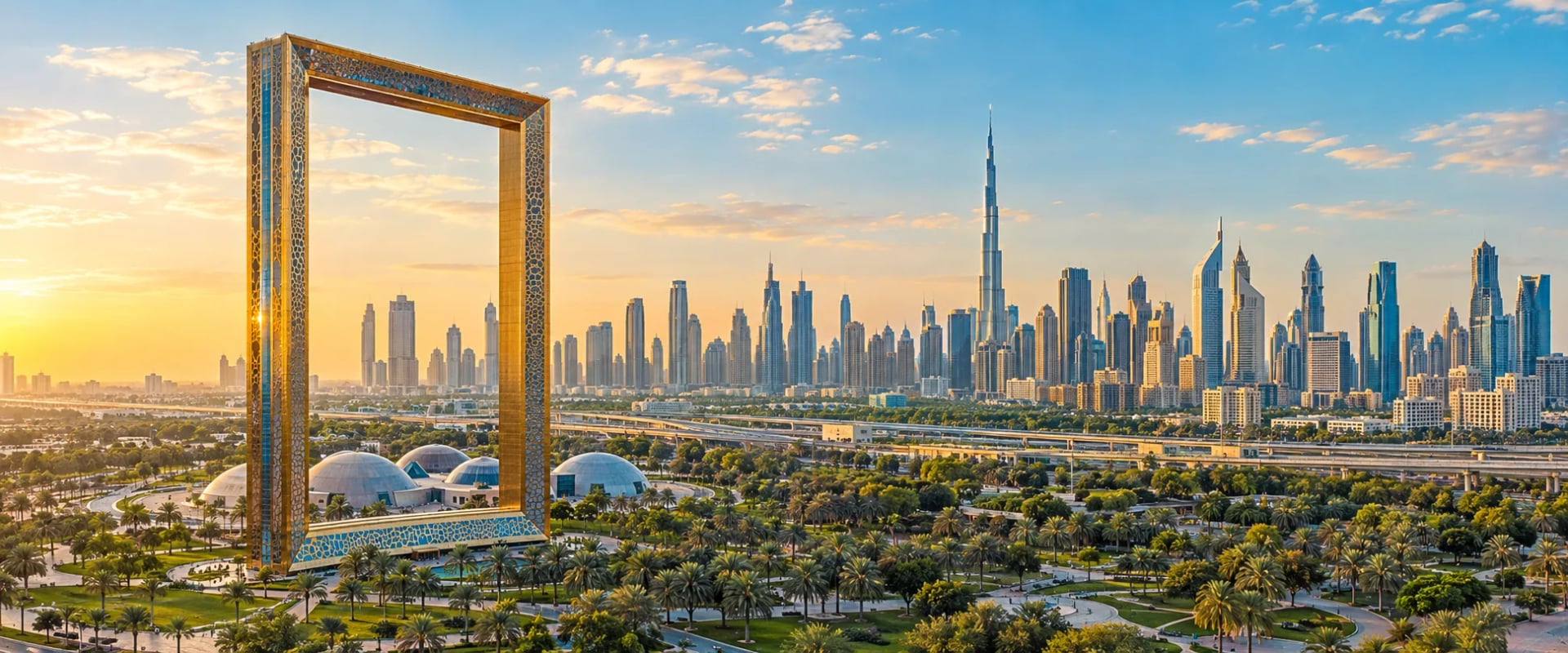 Dubai landmarks in a panoramic city composition