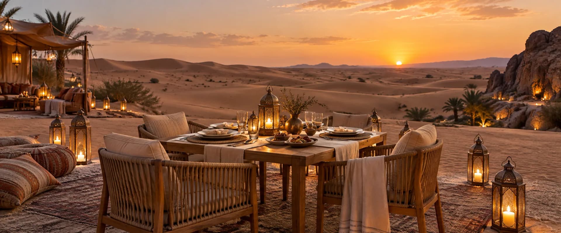 Lantern-lit dinner table overlooking desert dunes