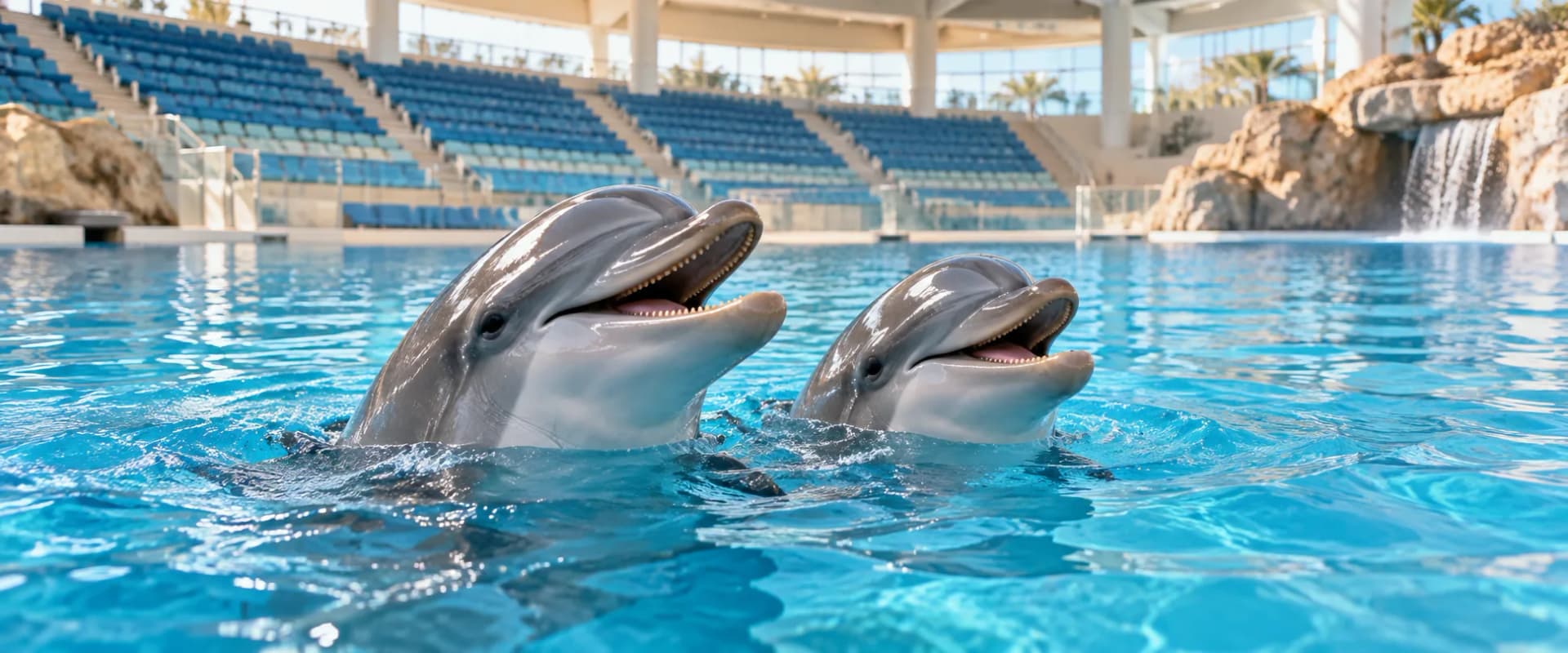 Two dolphins surfacing in an indoor pool
