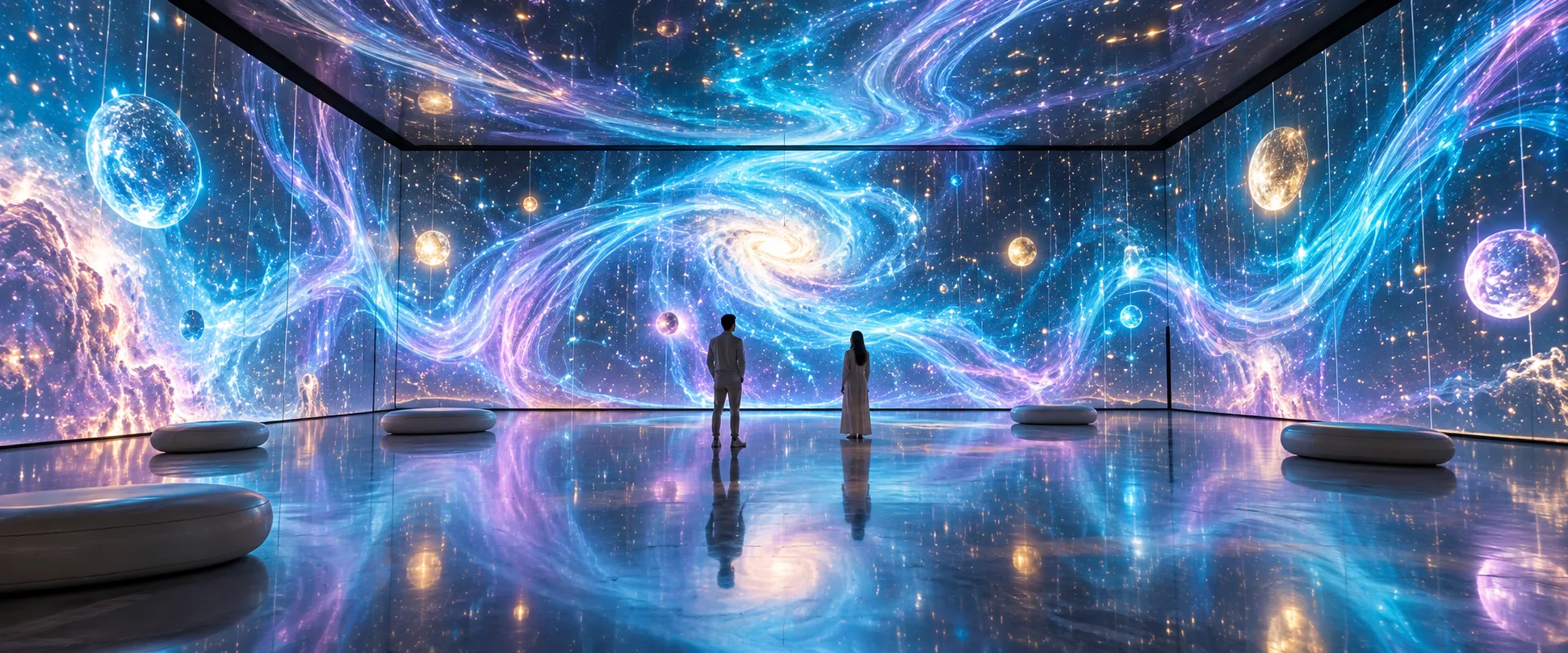 Visitors surrounded by immersive light and digital art