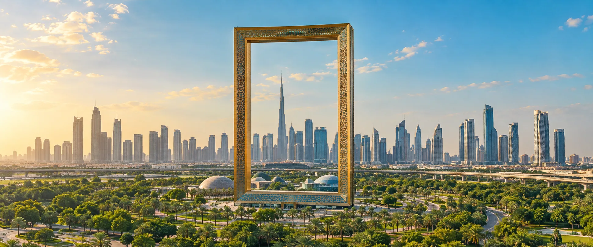 Dubai Frame above the greenery of Zabeel Park