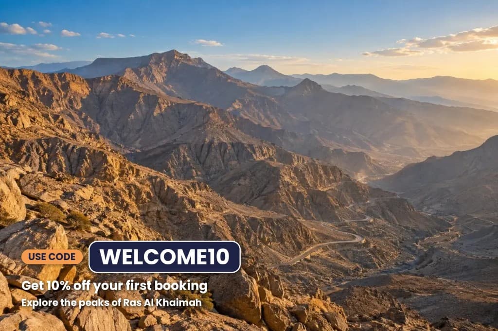 Use code WELCOME10. Get 10% off your first booking. Explore the peaks of Ras Al Khaimah.