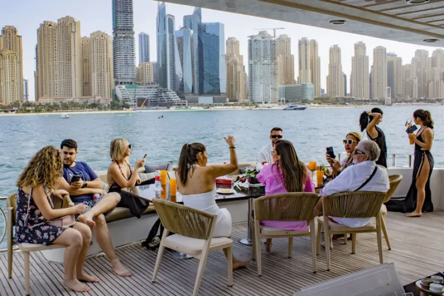 Guests enjoying premium superyacht experience in Dubai Marina