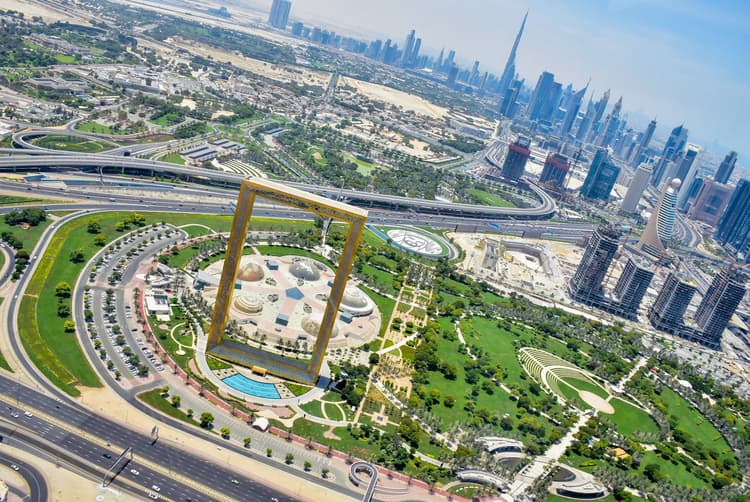 Aerial perspective from the Dubai Frame, offering a bird’s-eye “eyes view” of Dubai’s cityscape