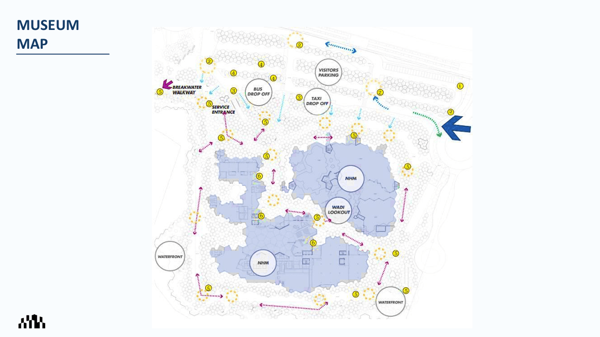Visitor map of the Natural History Museum Abu Dhabi showing galleries, exhibits, and visitor areas