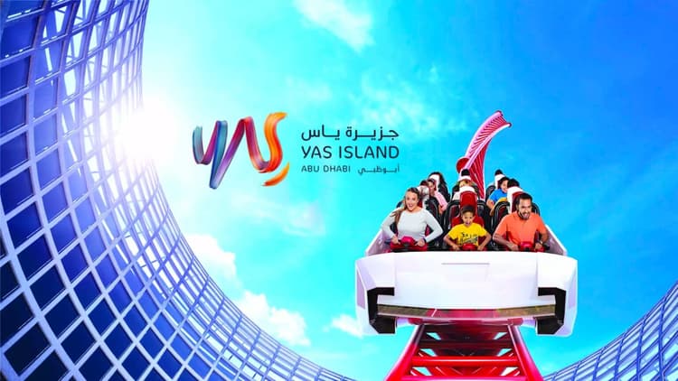 Graphic image featuring the Yas Island logo with a group of people enjoying thrilling rides and attractions