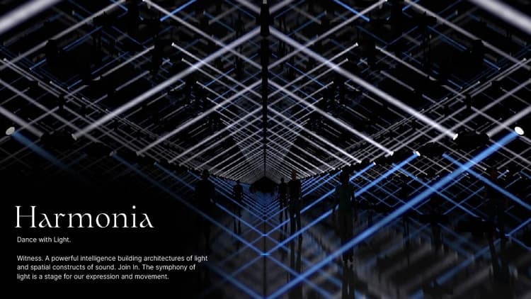 Visitors experiencing the Harmonia zone at Aya Universe with glowing interactive lights and immersive digital art.