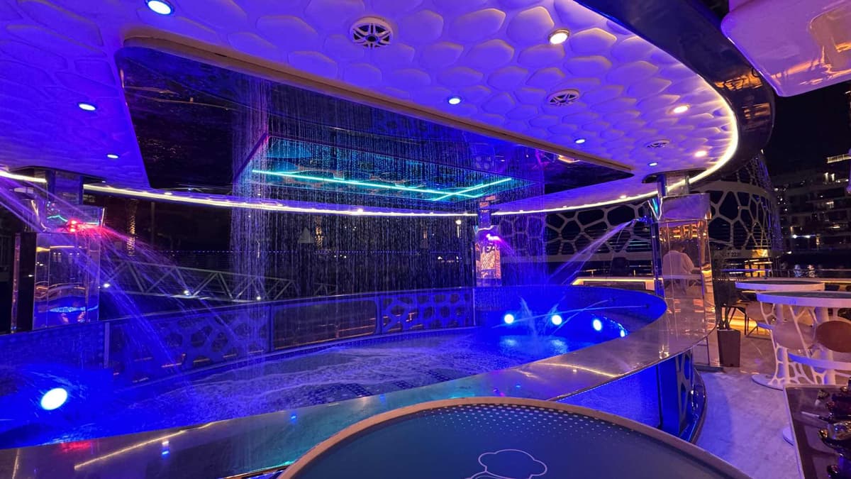 Swimming pool area on the Lotus Royale dinner cruise yacht in Dubai