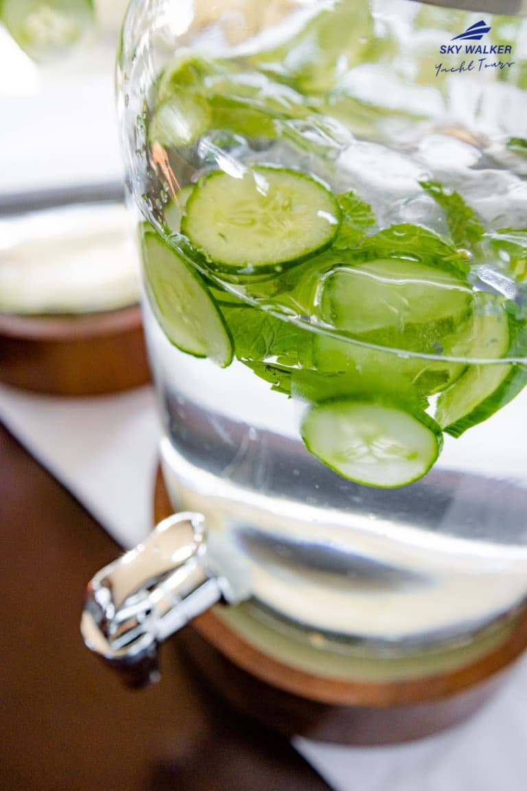 Detox water is served to guests visiting the yacht.