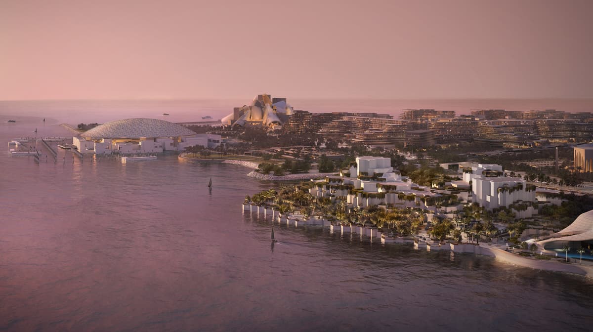 View showing the connection between the Natural History Museum Abu Dhabi and the nearby Louvre Abu Dhabi cultural district