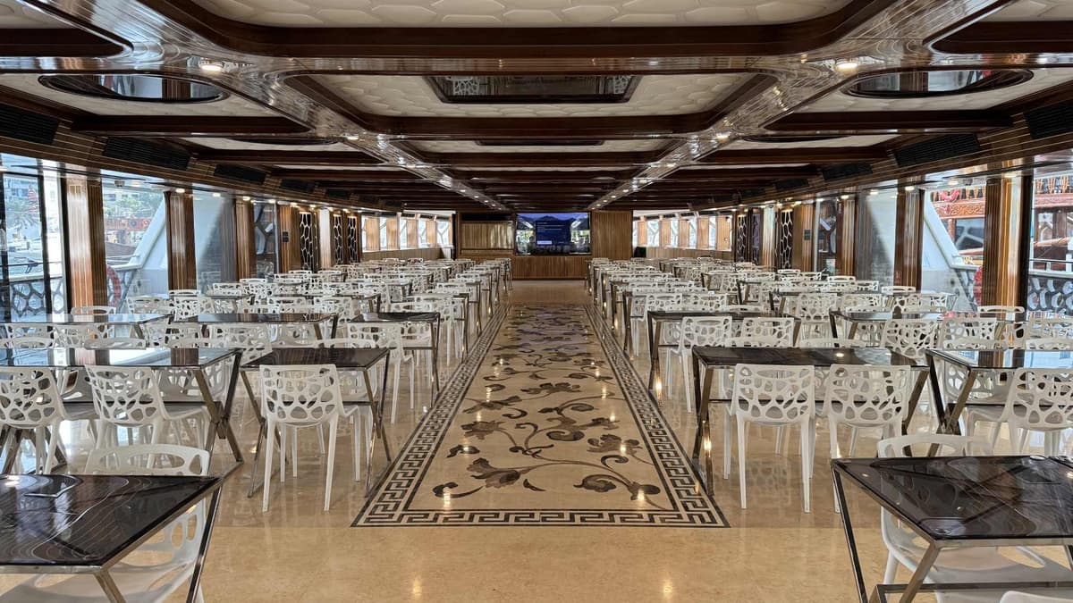 Spacious Deck 1 lounge area on the Lotus Royale dinner cruise in Dubai Marina