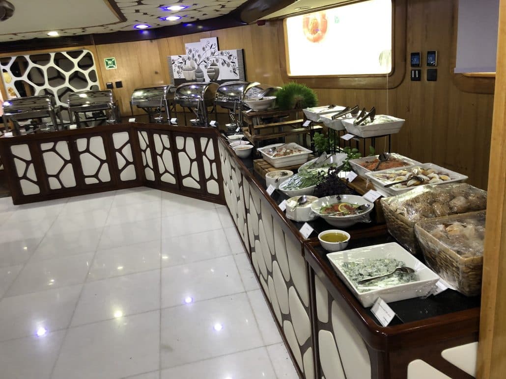 Luxury open buffet served on the Lotus Mega Yacht dinner cruise in Dubai